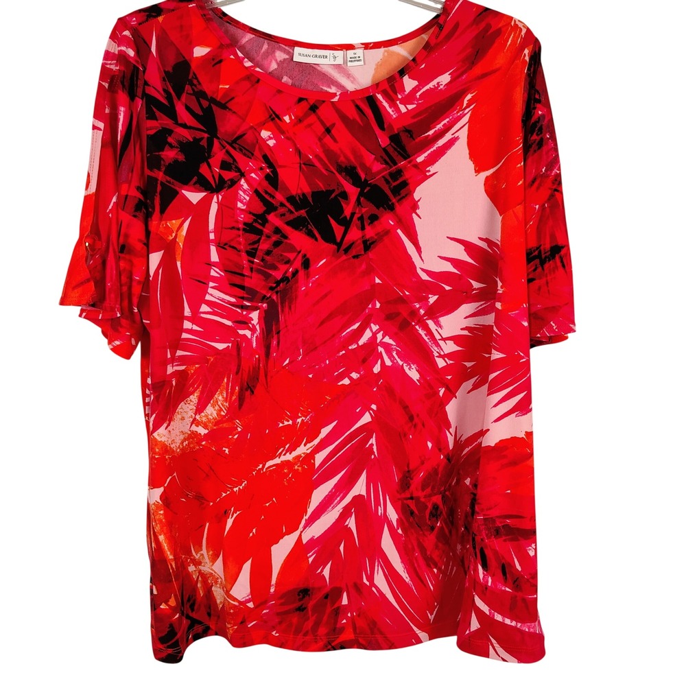 Susan Graver Womens 1X Tropical Palm Print Top Red Pink Split Sleeve Resortwear